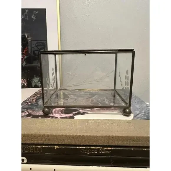 Vintage Etched Glass And Bronze Jewelry Display Catch All Box Floral Design - Picture 4 of 5